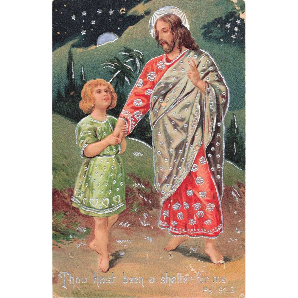 Jesus Christ With Child Embossed Religious Postcard Psalm 61:3 Bible Verse 1911